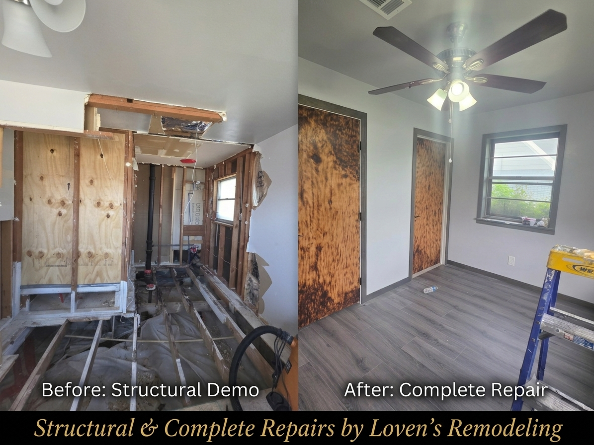 Before and after structural demo and completed room repair